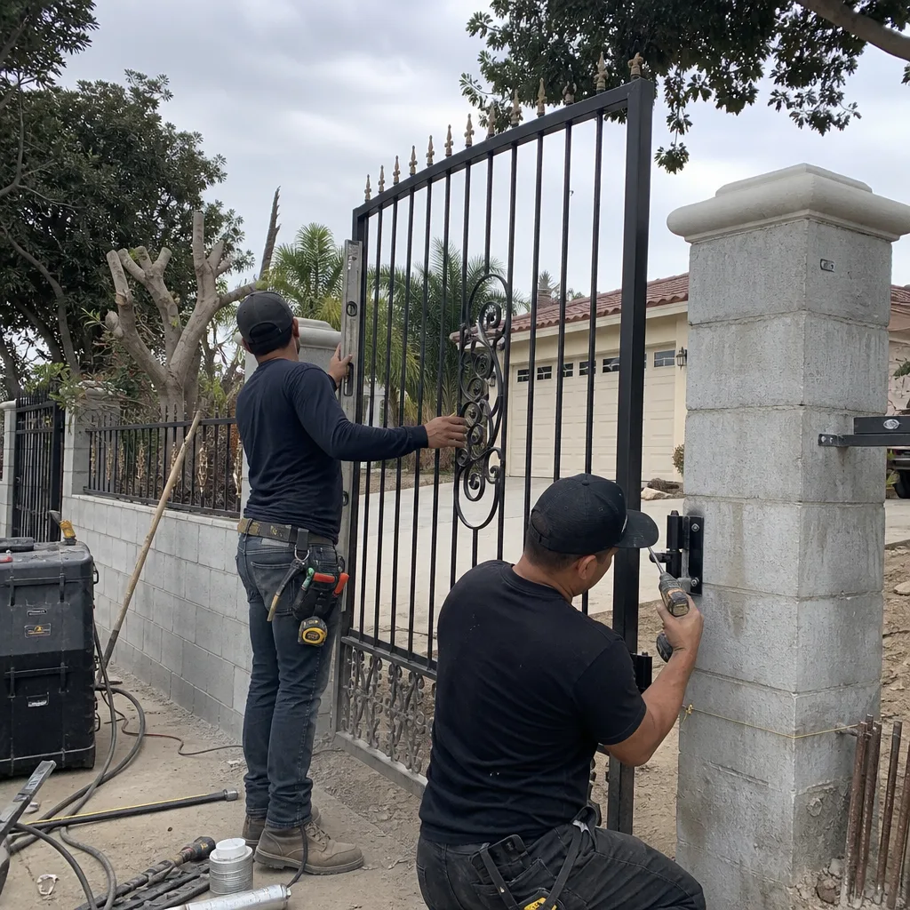 Two professional technicians installing a wrought iron gate on a stone pillar