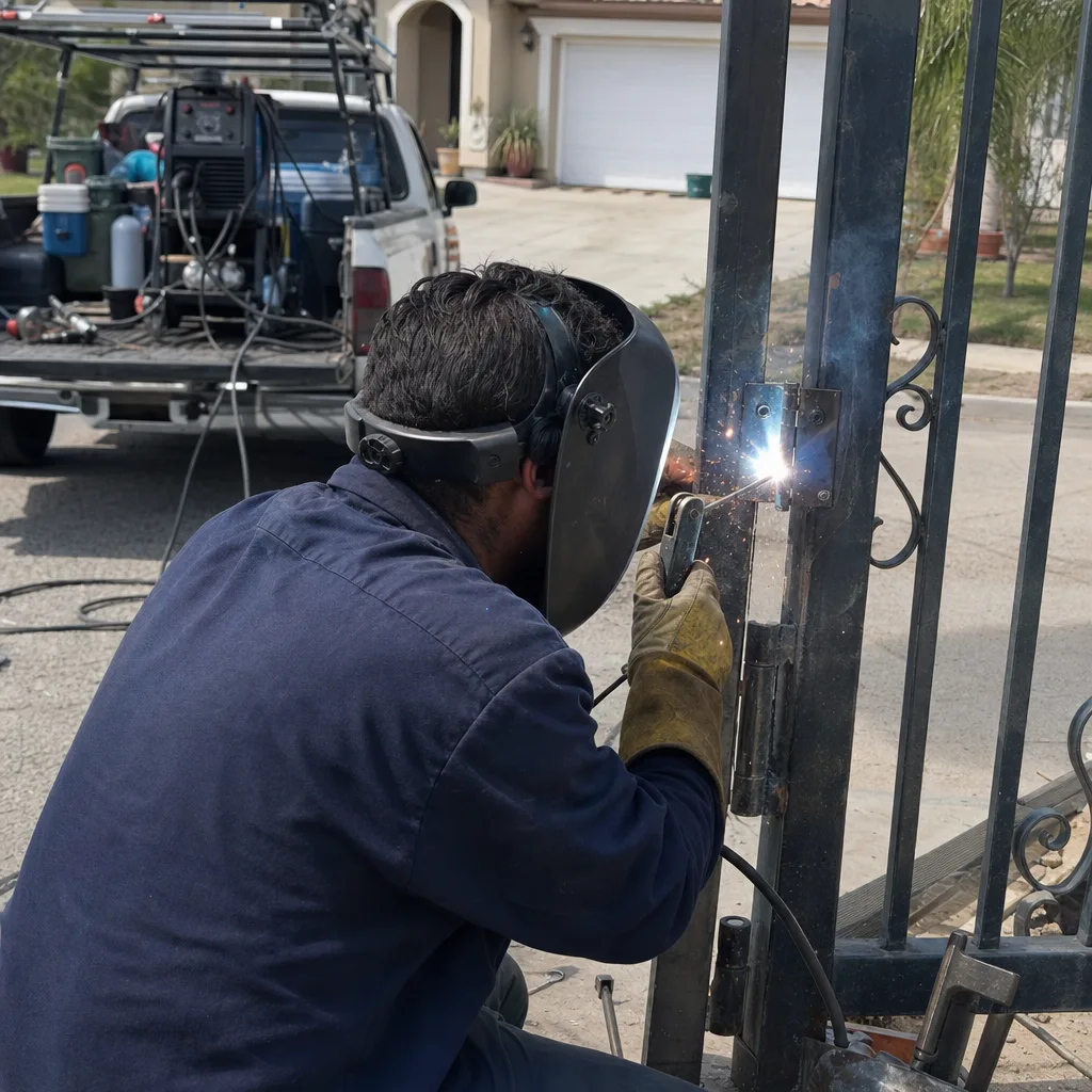 Professional welder performing onsite metal gate hinge repair