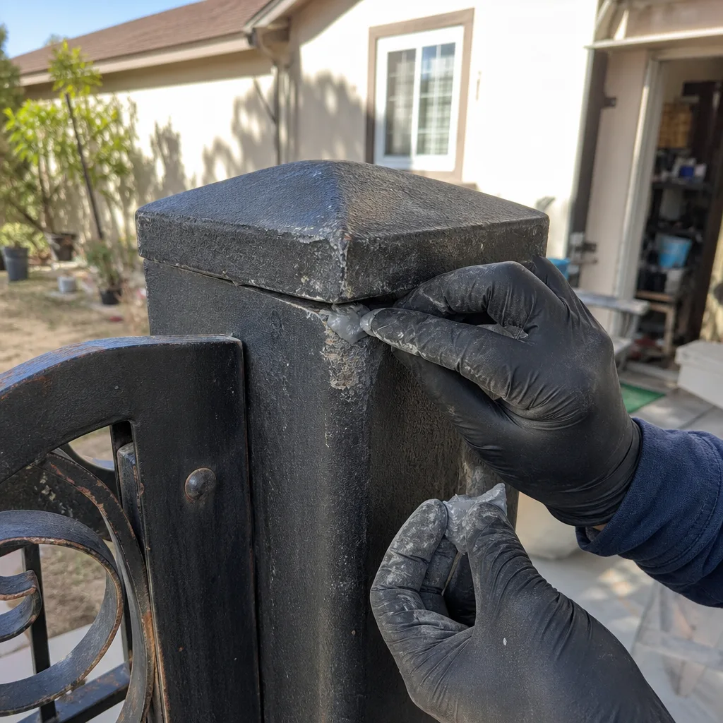 Professional repairing a wrought iron gate post with sealant
