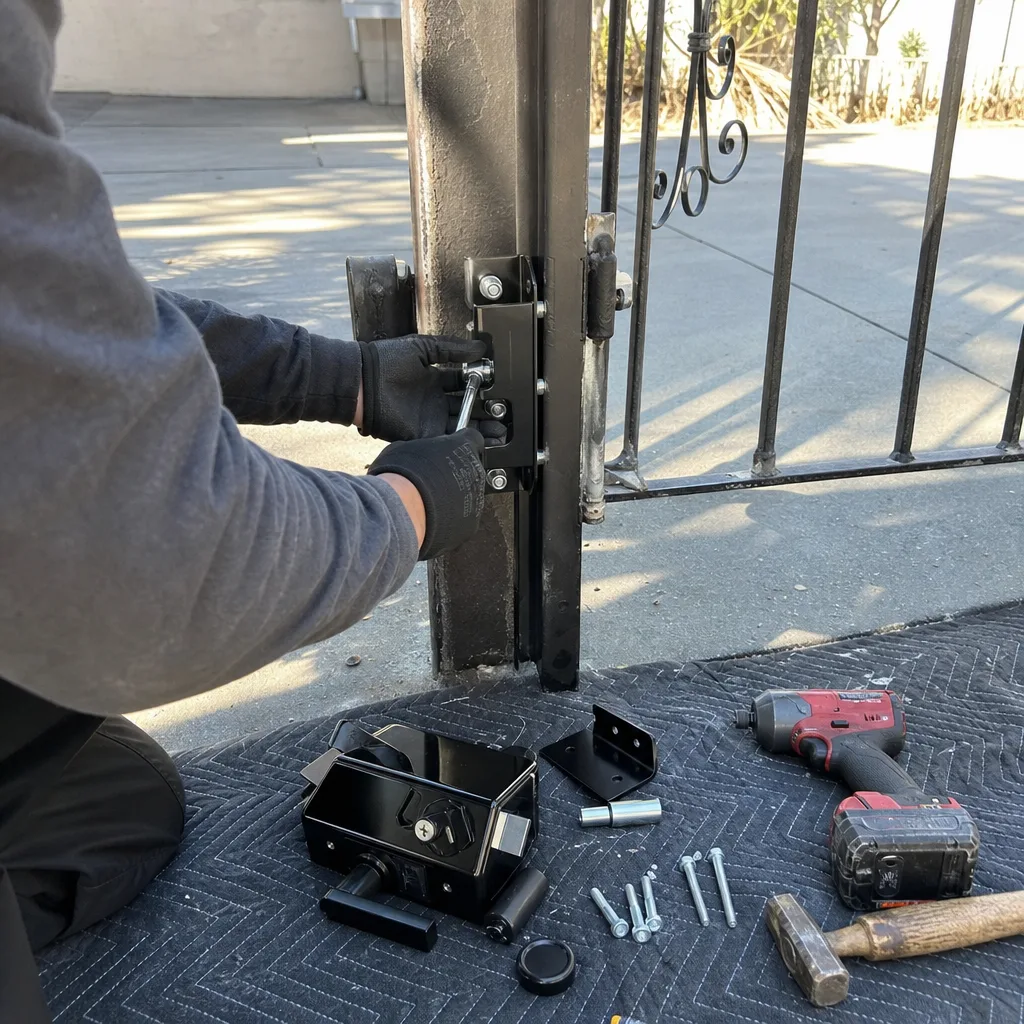Technician repairing a residential metal gate with tools and replacement hardware
