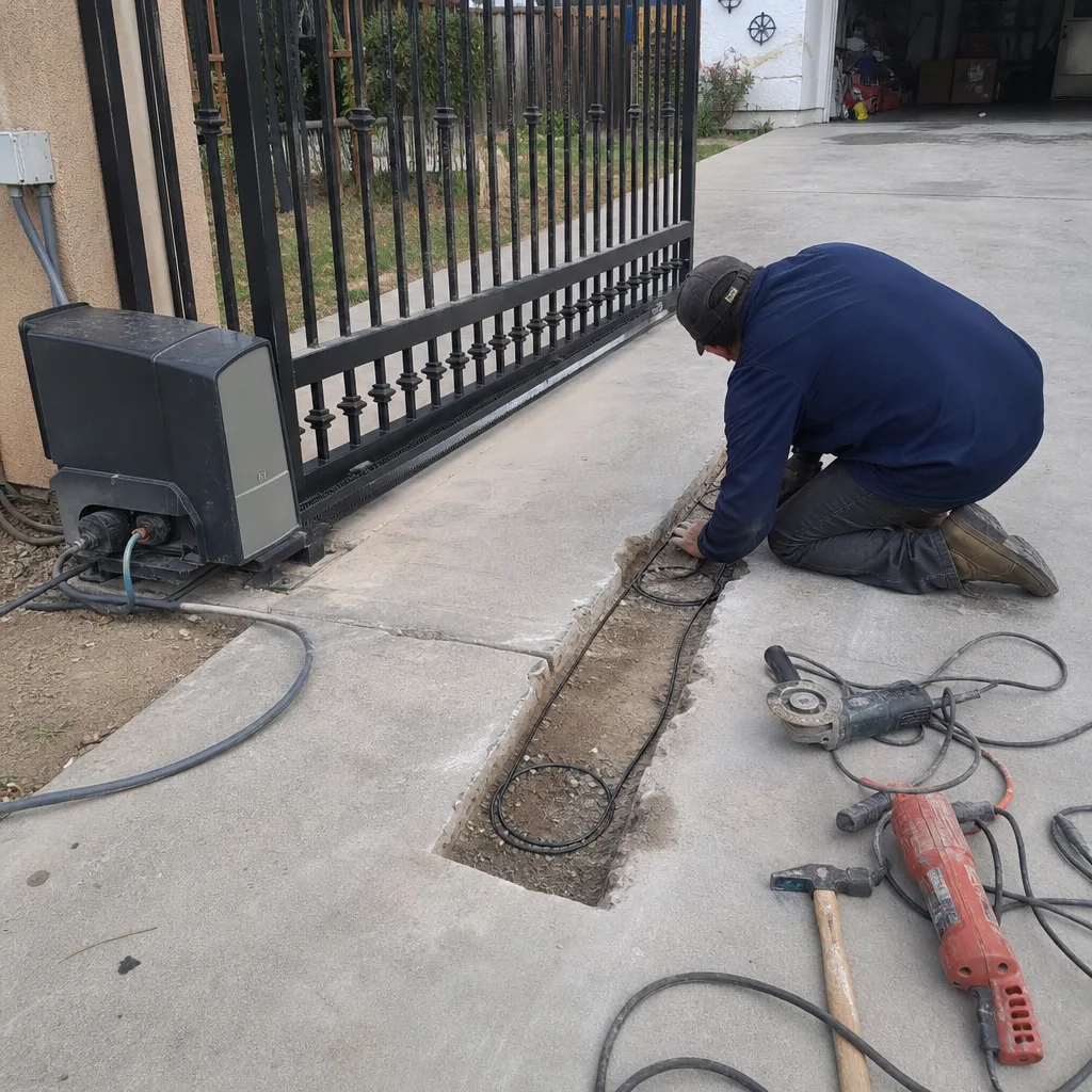 Technician installing an inductive loop sensor for an automated gate system in Fontana, CA