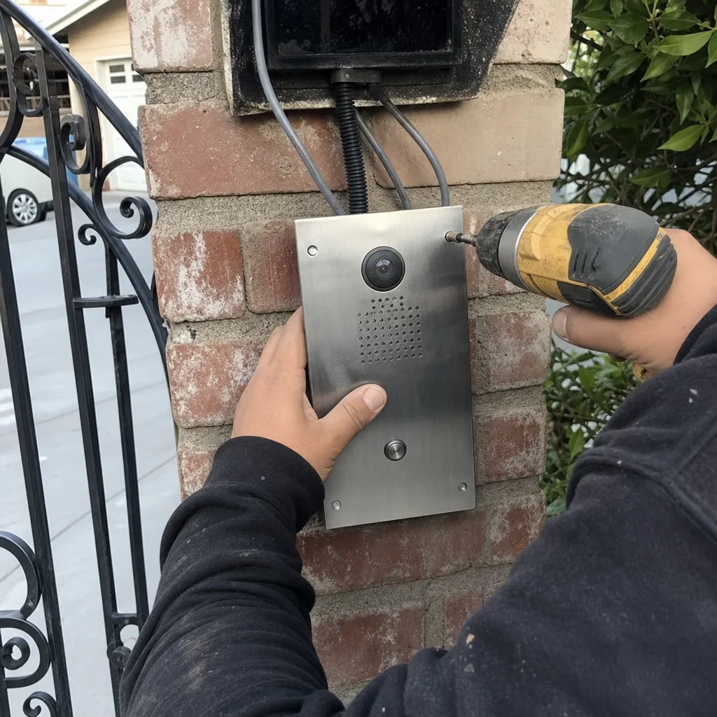 Technician installing gate access control intercom system with power drill in Fontana, CA