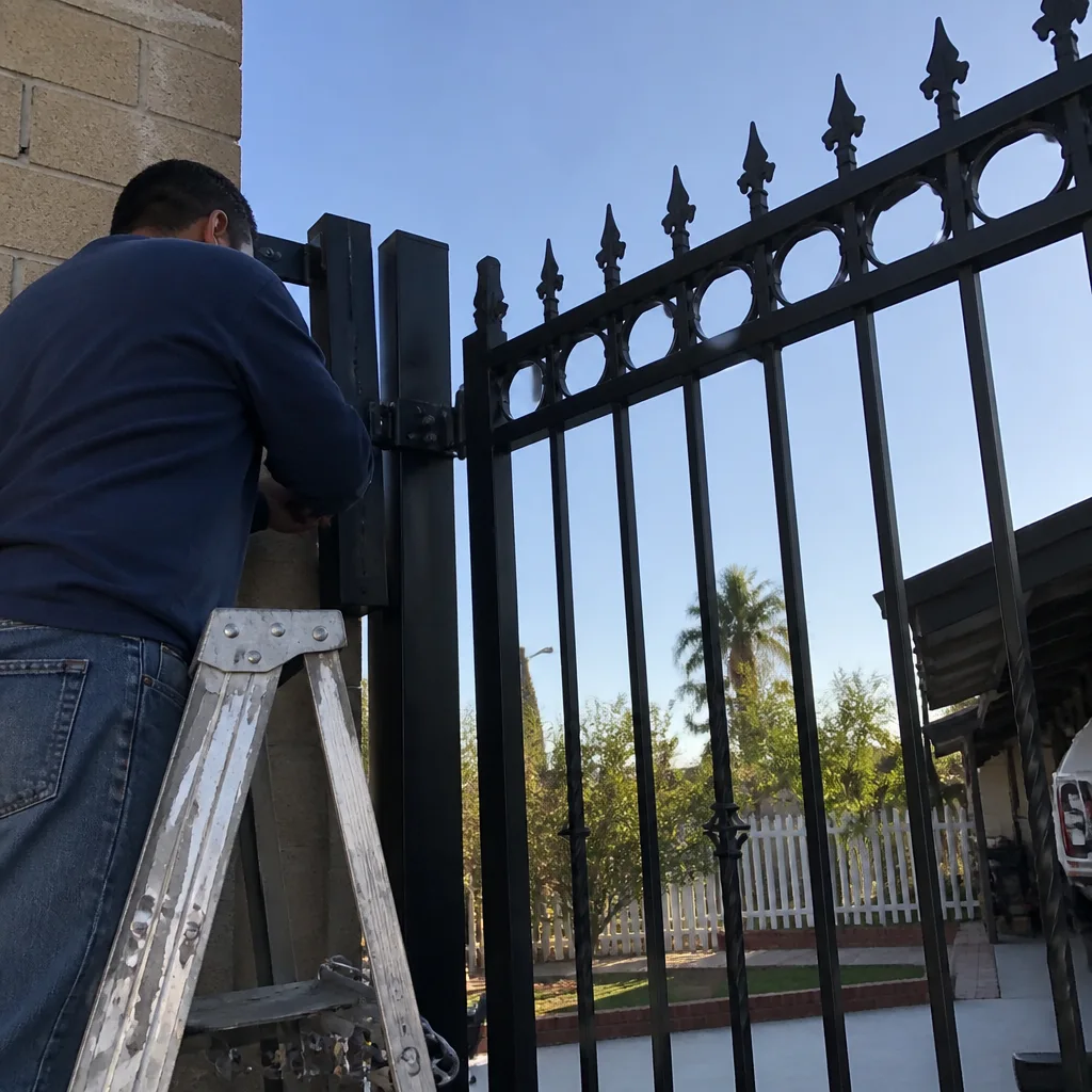 Technician performing professional gate repair and installation on metal fence in Fontana, CA
