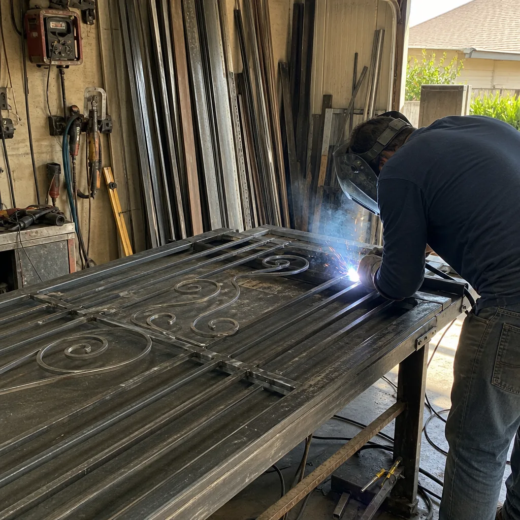 Metalworker performing professional gate parts welding and fabrication in a workshop in Fontana, CA